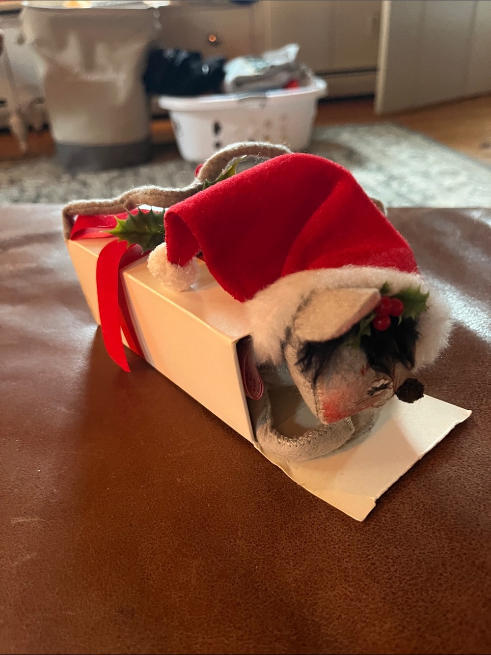 Annalee Red Santa Hat Mouse Ornament with Holly